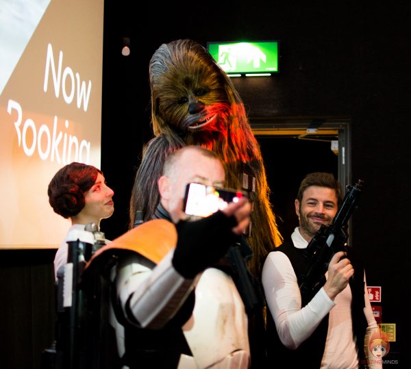 Leia (Aimee Swift), Chewie (Nick Phillips), Stormtrooper (Tim Adams), Han Solo (Stephen Finch)