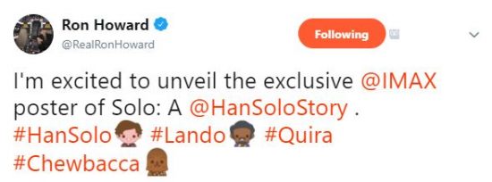 Ron Howard Reveals SOLO IMAX Poster on Twitter