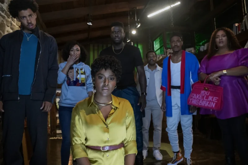 Melvin Gregg as King, Grace Byers as Allison, Antoinette Robertson as Lisa, Sinqua Walls as Nnamdi, Jermaine Fowler as Clifton, Dewayne Perkins as Dewayne, and X Mayo as Shanika in The Blackening. Photo Credit: Glen Wilson
